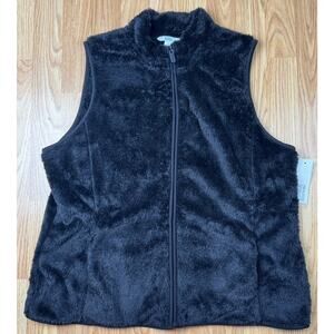 Croft & Barrow Vest Faux Fur Full Zip Up Women Size Large Black Pockets Soft NEW